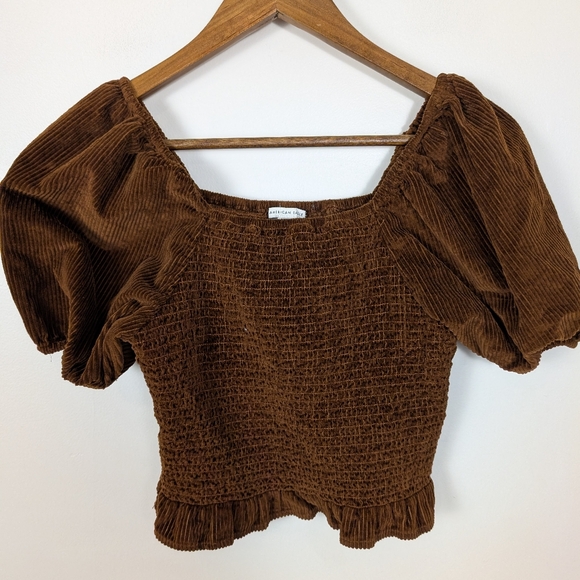 American Eagle Burnt Brown Corduroy Smocked Cropped Puff Sleeves Blouse - Picture 8 of 8